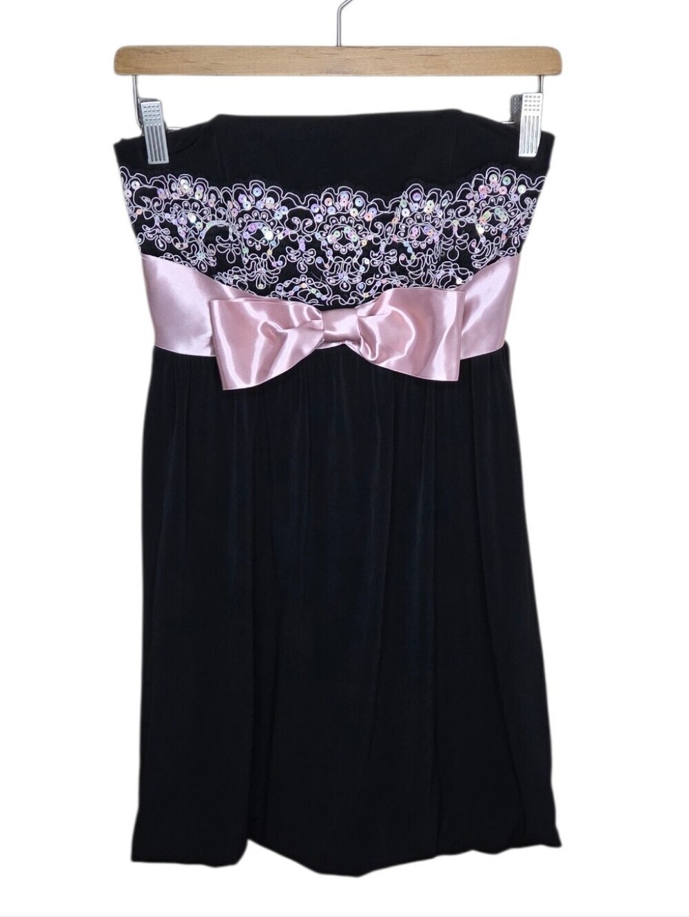 Jessica McClintock for Gunne Sax Black Pink Lace Bubble Hem Strapless Dress Sz 1